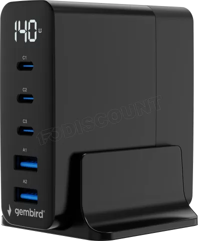 Photo de Chargeur secteur Gembird GaN 2x USB-A + 3x USB-C 140W (Noir)
