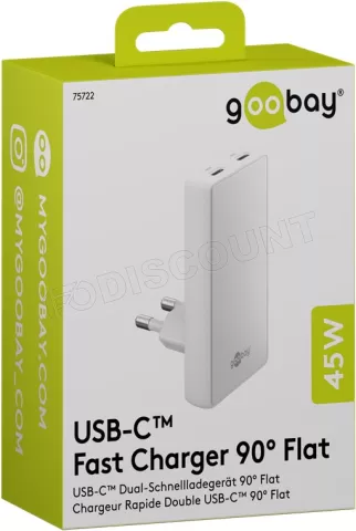 Photo de Chargeur secteur Goobay Fast Charger 90° Flat 2x USB-C 45W (Blanc)