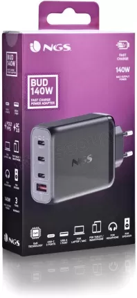Photo de Chargeur secteur NGS Bud 3x USB-C + 1x USB-A 140W (Noir)