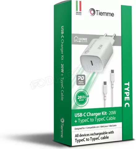 Photo de Chargeur secteur Tiemme 1 port USB 20W + Cable USB-C 1m (Blanc)