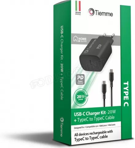 Photo de Chargeur secteur Tiemme 1 port USB 20W + Cable USB-C 1m (Noir)