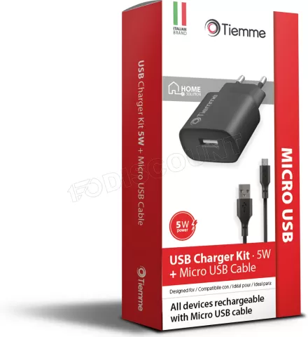 Photo de Chargeur secteur Tiemme 1 port USB 5W + Cable USB vers Micro USB 1m (Noir)