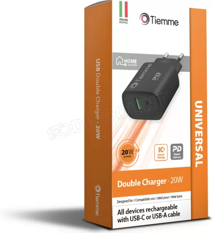 Photo de Chargeur secteur Tiemme 1 port USB-A + 1 port USB-C 20W (Noir)