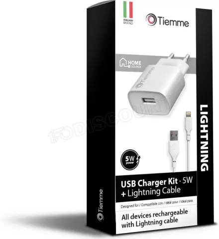 Photo de Chargeur secteur Tiemme 1 port USB + Cable USB vers Lightning (Blanc)