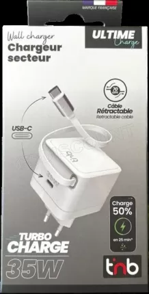 Photo de Chargeur secteur T'nB Tug'n Block 2x USB-C avec câble rétractable 35W (Blanc)