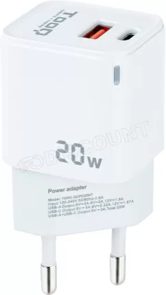 Photo de Chargeur secteur TooQ 1x port USB-A + 1x port USB-C 20W (Blanc)