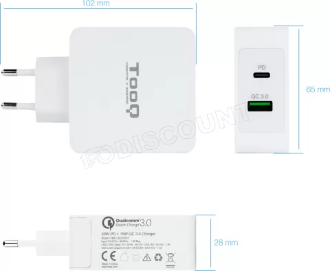 Photo de Chargeur secteur TooQ 1x port USB-A + 1x port USB-C 27W (Noir)
