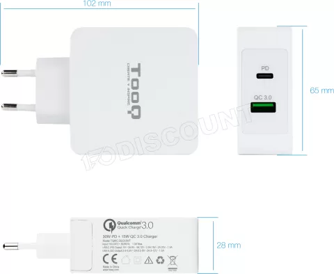 Photo de Chargeur secteur TooQ 1x port USB-A + 1x port USB-C 48W (Noir)