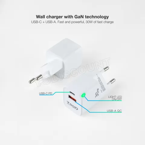 Photo de Chargeur Secteur Tooq TQWC-GANQCPD30WT 1x USB-A + 1x USB-C 30w (Blanc)