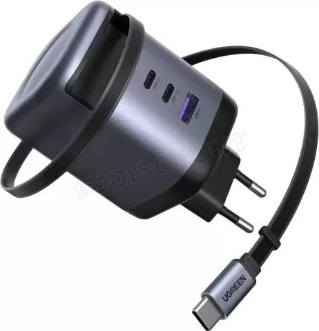 Photo de Chargeur secteur Ugreen 1x USB-A + 1xUSB-C + 1x USB-C rétractable 65W (Noir/Gris)