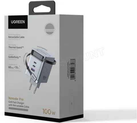 Photo de Chargeur secteur Ugreen 1x USB-A + 2xUSB-C + 1x USB-C rétractable 100W (Noir/Gris)