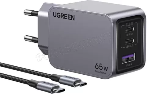Photo de Chargeur secteur Ugreen Nexode Pro 1x USB-A +  2x USB-C 65W (Gris) + cable USB-C