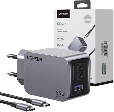 Photo de Chargeur secteur Ugreen Nexode Pro 1x USB-A +  2x USB-C 65W (Gris) + cable USB-C