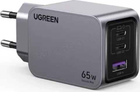 Photo de Chargeur secteur Ugreen Nexode Pro 1x USB-A +  2x USB-C 65W (Gris) + cable USB-C