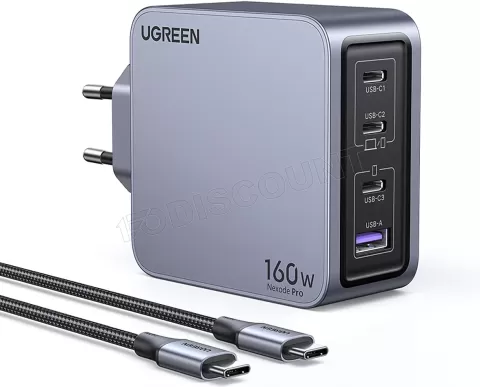 Photo de Chargeur secteur Ugreen Nexode Pro 1x USB-A + 3x USB-C 160W + cable USB-C (Gris)