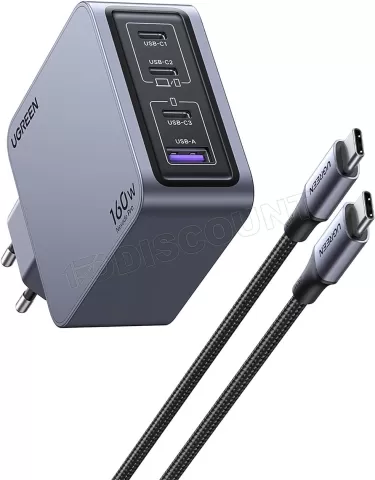 Photo de Chargeur secteur Ugreen Nexode Pro 1x USB-A + 3x USB-C 160W + cable USB-C (Gris)
