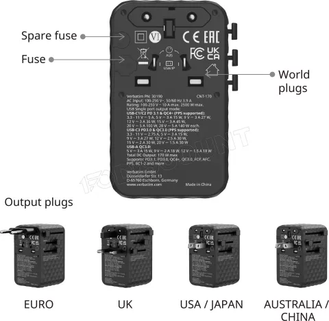 Photo de Chargeur secteur universel Verbatim 1x USB-A + 3x USB-C 170W (Noir)
