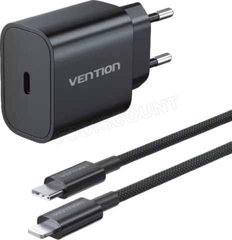 Photo de Chargeur secteur Vention USB-C + Cable USB-C vers Lightning 1m 20W (Noir)