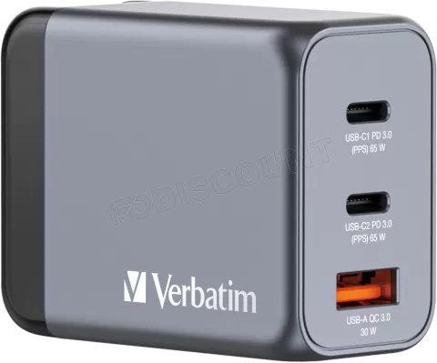 Photo de Chargeur secteur Verbatim GNC 1x port USB-A + 2x ports USB-C 65W (Noir)