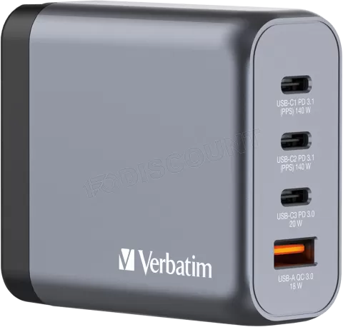 Photo de Chargeur secteur Verbatim GNC 1x port USB-A + 3x ports USB-C 200W (Noir)