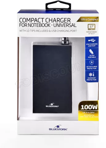 Photo de Chargeur universel compact BlueStork Ultra Slim pour ordinateur portable 100W (Noir)