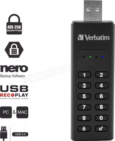 Photo de Clé USB 3.2 sécurisée Verbatim - 64Go (Noir)