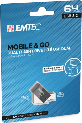 Photo de Clé USB 3.2 Type A/C Emtec T260C Mobile & Go - 64Go (Noir)
