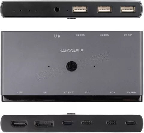 Photo de Commutateur KVM 2 Nanocable ports USB-C avec x3 USB-A, x2 USB-C x1 HDMI x1 DisplayPort