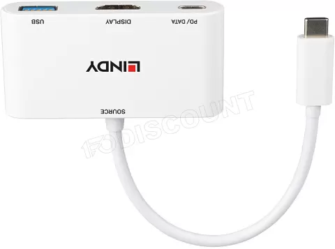 Photo de Convertisseur Lindy USB C mâle vers HDMI femelle & USB A + C femelle (Blanc)