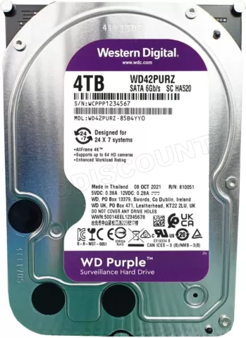 Photo de Disque Dur 3,5" Western Digital Purple Surveillance 4To  - S-ATA 256Mo