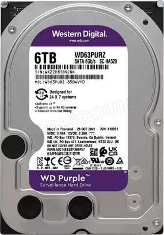 Photo de Disque Dur 3,5" Western Digital Purple Surveillance 6To  - S-ATA 256Mo