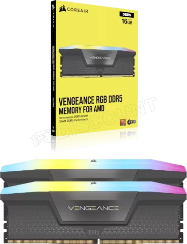 Photo de Kit Barettes mémoire 32Go (2x16Go) DIMM DDR5 Corsair Vengeance RGB 6000MHz (Noir)