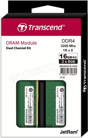 Photo de Kit Barrettes mémoire 16Go (2x8go) DIMM DDR4 Transcend JetRam 3200Mhz (Vert)