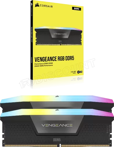 Photo de Kit Barrettes mémoire 16Go (2x8Go) DIMM DDR5 Corsair Vengeance RGB 5200MHz CL40 (Noir)