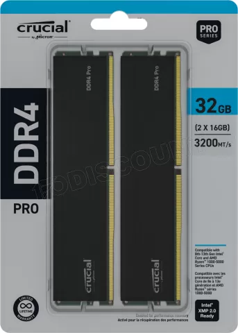 Photo de Kit Barrettes mémoire 32Go (2x16Go) DIMM DDR4 Crucial Pro 3200Mhz (Noir)