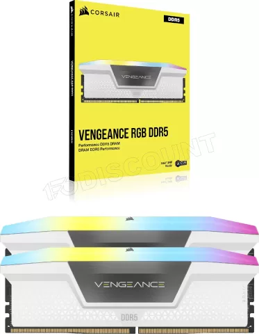 Photo de Kit Barrettes mémoire 32Go (2x16Go) DIMM DDR5 Corsair Vengeance RGB 6000MHz CL36 (Blanc)