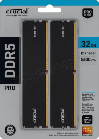 Photo de Kit Barrettes mémoire 32Go (2x16Go) DIMM DDR5 Crucial Pro 5600MHz (Noir)