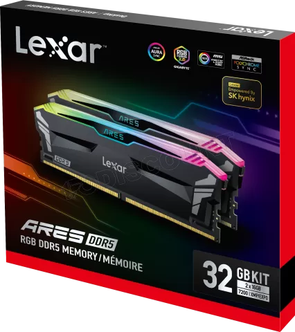 Photo de Kit Barrettes mémoire 32Go (2x16Go) DIMM DDR5 Lexar Ares RGB 7200MHz (Noir)