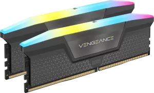 Photo de Kit Barrettes mémoire 64Go (2x32Go) DIMM DDR5 Corsair Vengeance RGB 6000MHz CL40 (Noir)