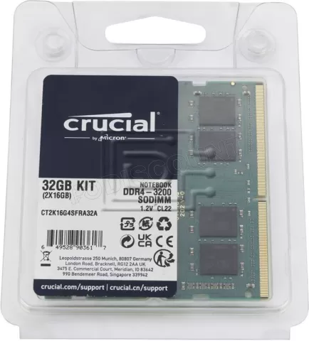 Photo de Kit Barrettes mémoire SODIMM DDR4 32Go (2x16Go) Crucial  3200Mhz (Vert)