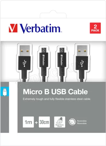 Photo de Lot de 2 Cables USB Verbatim Sync & Charge USB vers micro USB 1m et 0.3m (Noir)