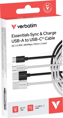Photo de Lot de 2 cables Verbatim Essentials Sync & Charge USB-A vers USB-C 18W M/M 1m (Noir/Blanc)