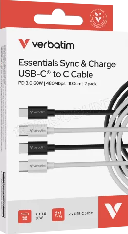 Photo de Lot de 2 cables Verbatim Essentials Sync & Charge USB-C 60W M/M 1m (Noir/Blanc)