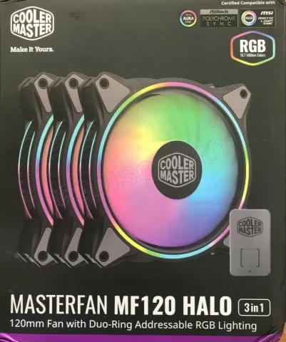 Photo de Lot de 3 Ventilateurs de boitier Cooler Master MasterFan MF120 Halo 3in1 RGB 12cm (Noir)