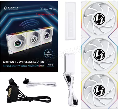 Photo de Lot de 3 Ventilateurs de boitier Lian Li Uni Fan TL Wireless LCD Reverse RGB - 12cm (Blanc)