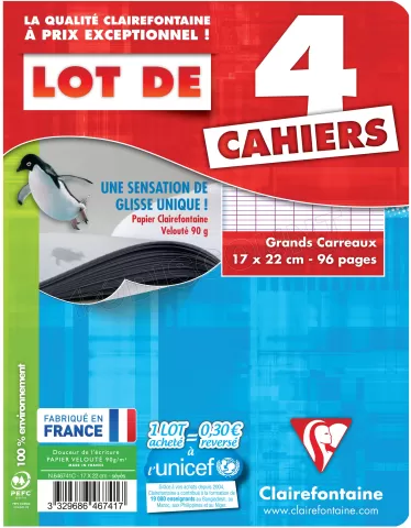 Photo de Lot de 4 Cahiers Piqué Clairefontaine Grands Carreaux 96 pages 90gr (17x22 cm)