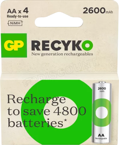 Photo de Lot de 4 piles rechargeables GP Batteries ReCyko type AA (LR6) 2600mAh