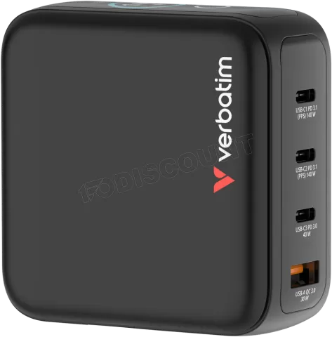 Photo de Mini chargeur secteur GaN Verbatim avec écran x3 USB C + x1 USB A 100W + cable inclus