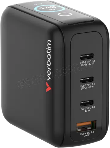 Photo de Mini chargeur secteur GaN Verbatim avec écran x3 USB C + x1 USB A 100W + cable inclus