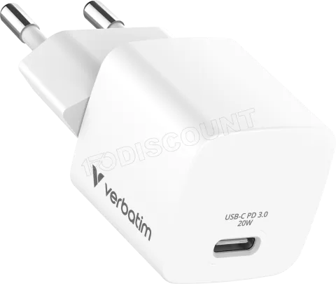 Photo de Mini chargeur secteur Verbatim GaN USB-C avec cable USB-C 20W (Blanc)